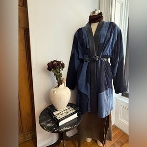 Vintage Suede Leather Patchwork Kimono Jacket Navy Blue Coat Oversized Statement